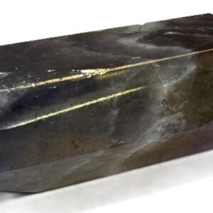 Standing rainbow amethyst aura polished crystal point 12 sians emporium Polished rainbow amethyst aura quartz generator point showing iridescent green violet and gold metallic sheen over natural chevron banding